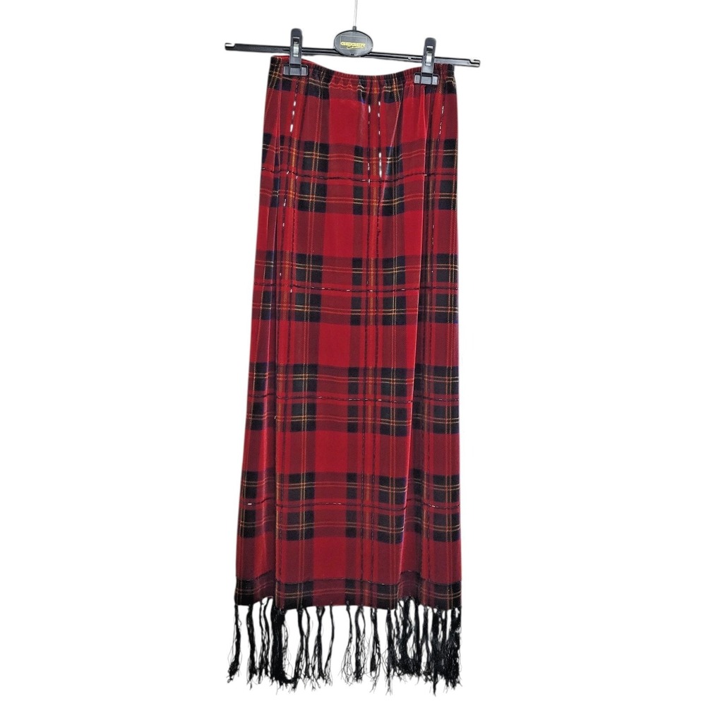 Ronni Nicole by Ouida Velvet Midi Skirt Womens Small Red Plaid Beaded Fringe Vtg